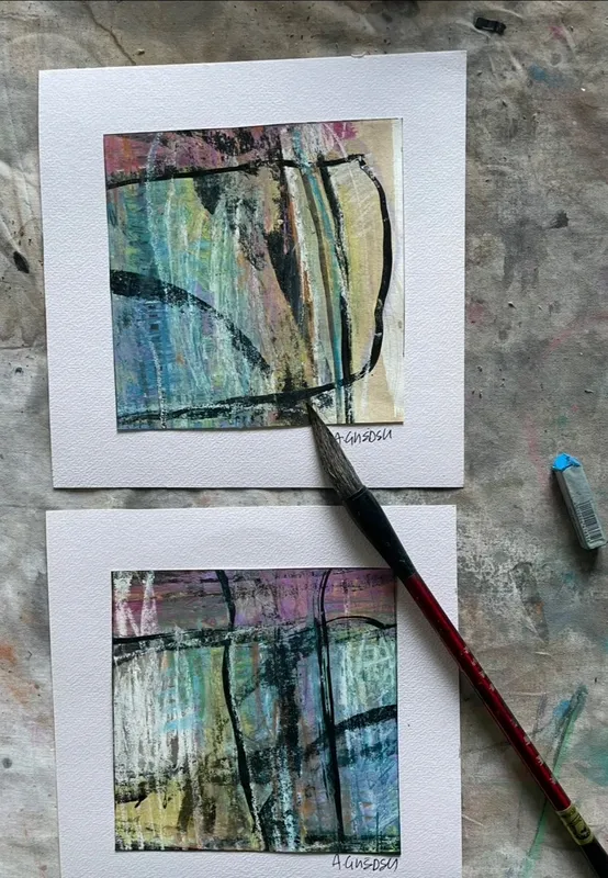 Le geste — pinceau sur deux études en cours, à l'atelier